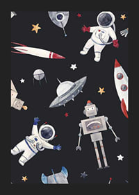 Playful astronauts, robots and space rockets against a dark background-5