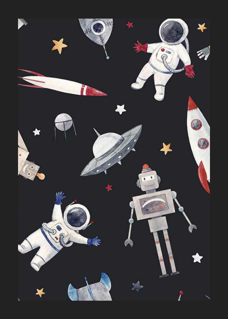 Playful astronauts, robots and space rockets against a dark background-12