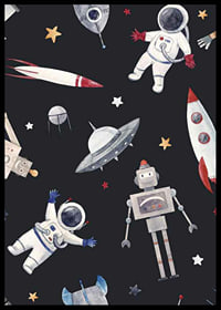 Playful astronauts, robots and space rockets against a dark background-6