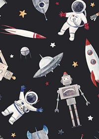 Playful astronauts, robots and space rockets against a dark background-7