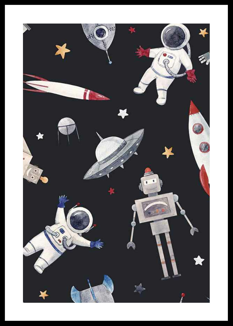 Playful astronauts, robots and space rockets against a dark background-12