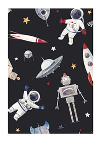 Playful astronauts, robots and space rockets against a dark background-1