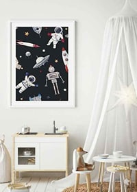 Playful astronauts, robots and space rockets against a dark background-8