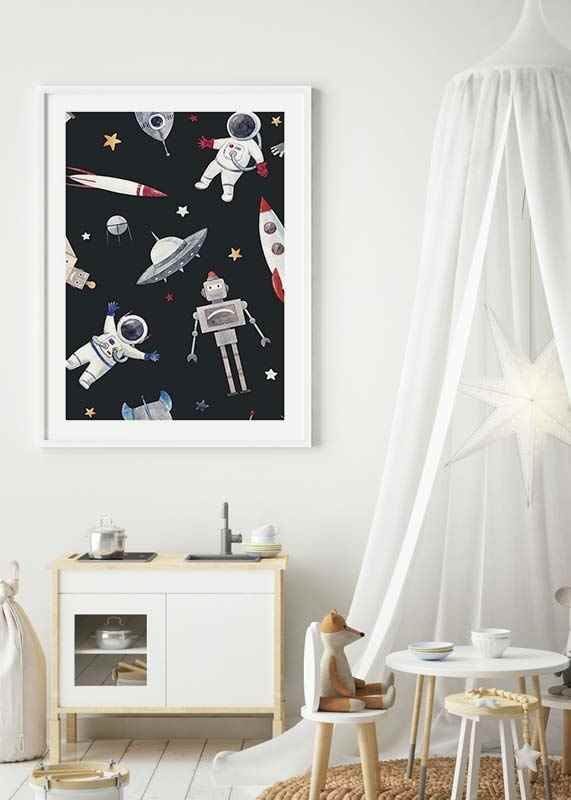 Playful astronauts, robots and space rockets against a dark background-12