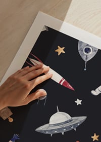 Playful astronauts, robots and space rockets against a dark background-9