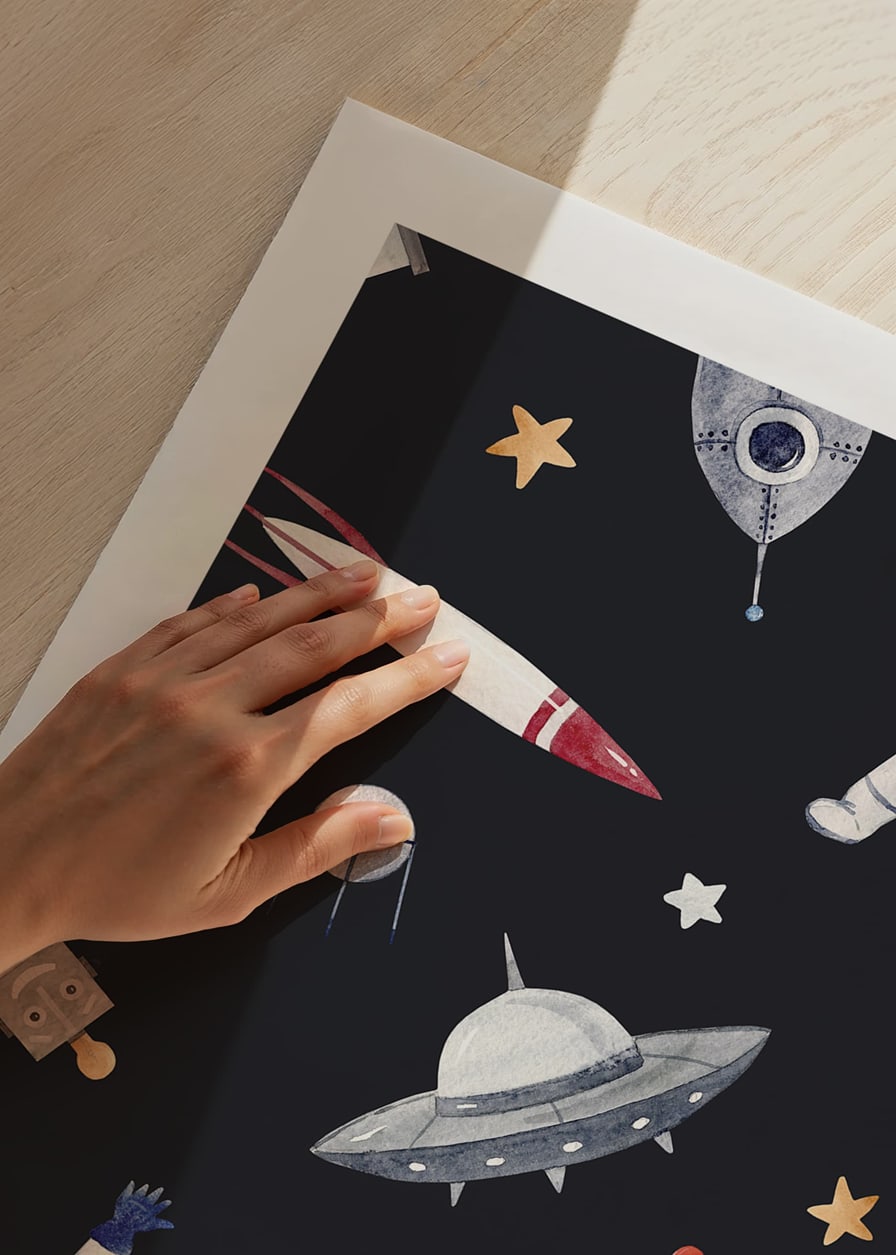 Playful astronauts, robots and space rockets against a dark background-12