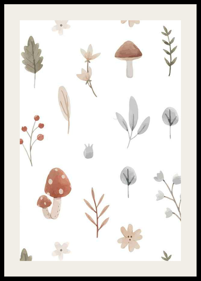 Watercolor illustration of mushrooms, berries and leaves in muted tones-12