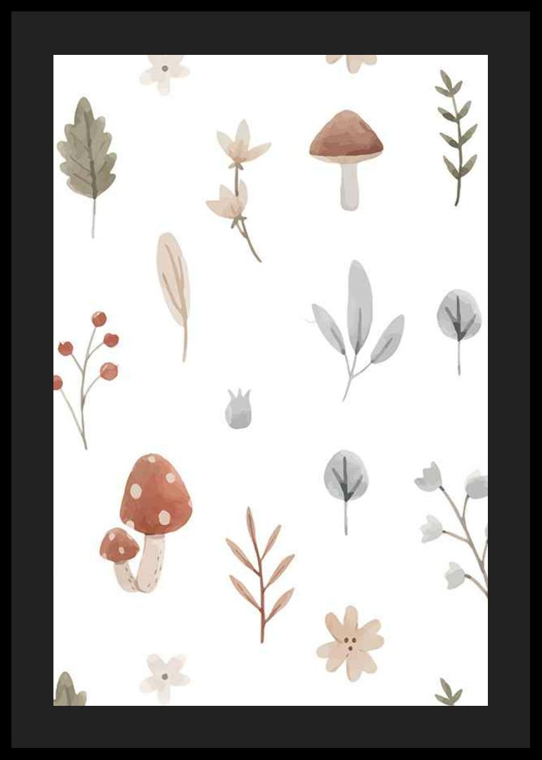 Watercolor illustration of mushrooms, berries and leaves in muted tones-12
