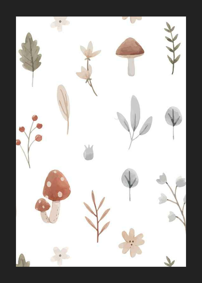 Watercolor illustration of mushrooms, berries and leaves in muted tones-12