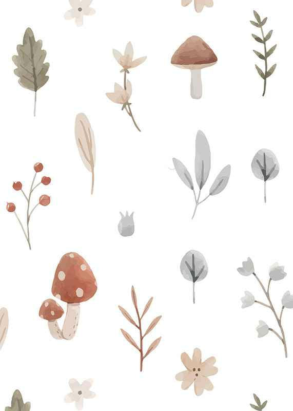 Watercolor illustration of mushrooms, berries and leaves in muted tones-12