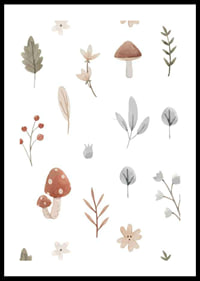 Watercolor illustration of mushrooms, berries and leaves in muted tones-0