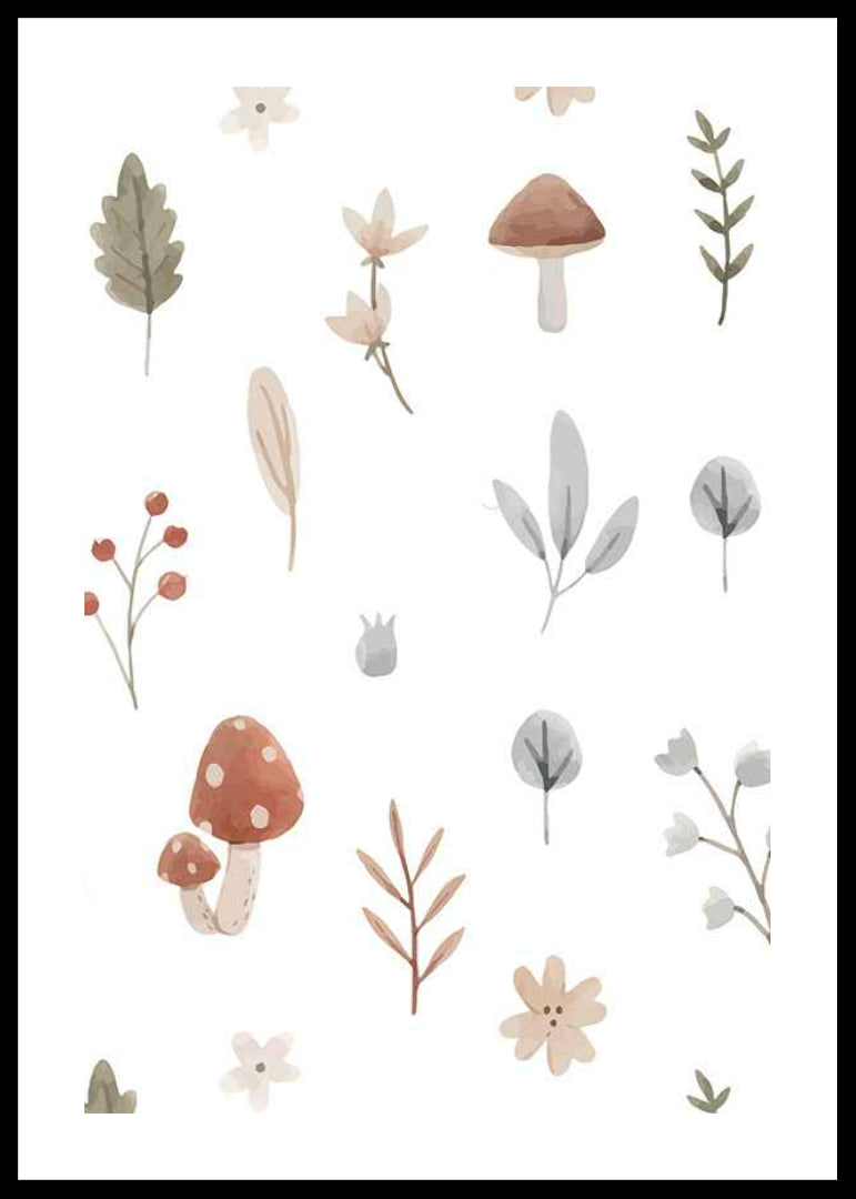 Watercolor illustration of mushrooms, berries and leaves in muted tones-12