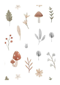 Watercolor illustration of mushrooms, berries and leaves in muted tones-1