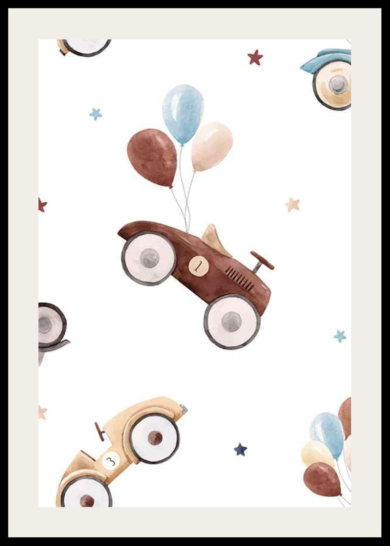 Watercolor illustration of toy cars with balloons, pastel colors-12