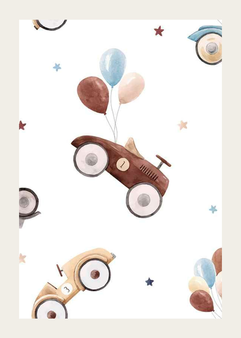 Watercolor illustration of toy cars with balloons, pastel colors-12