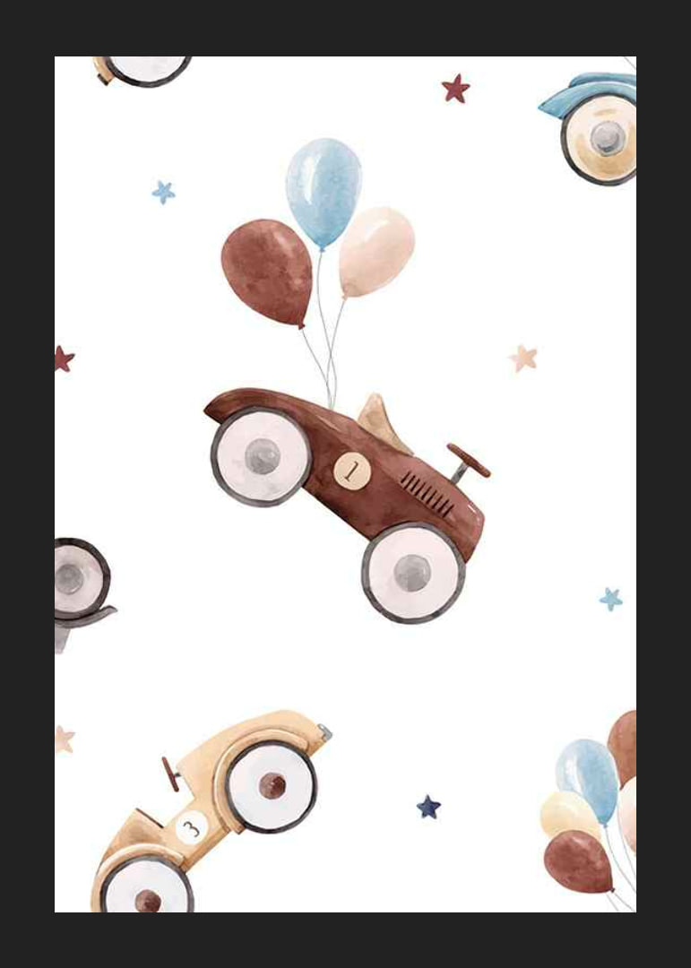 Watercolor illustration of toy cars with balloons, pastel colors-12