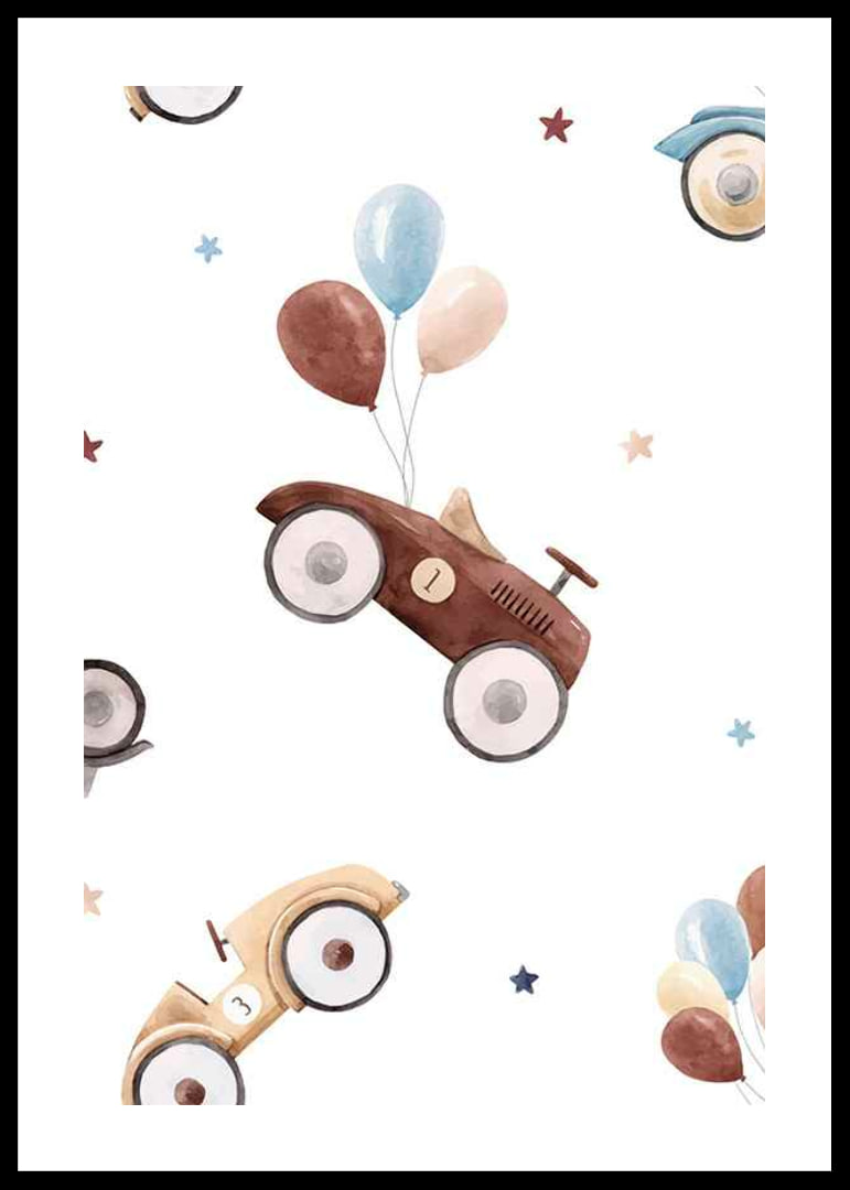 Watercolor illustration of toy cars with balloons, pastel colors-12