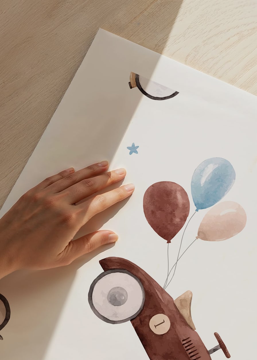 Watercolor illustration of toy cars with balloons, pastel colors-12