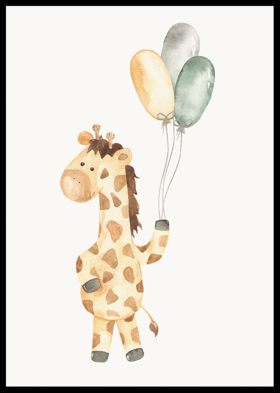 Akvarellillustration av giraff med tre ballonger i pastell-12