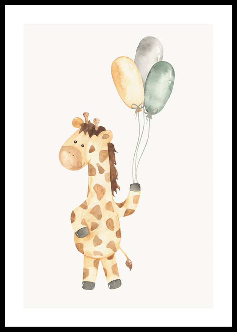 Akvarellillustration av giraff med tre ballonger i pastell-12