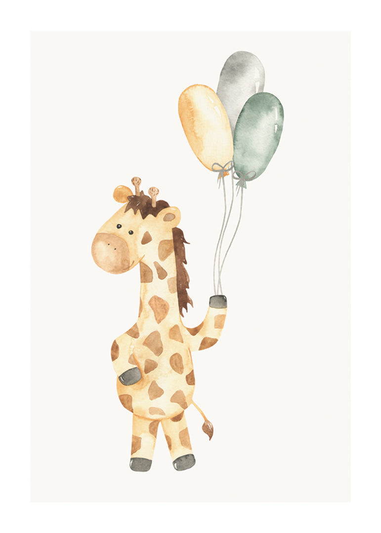 Akvarellillustration av giraff med tre ballonger i pastell-12