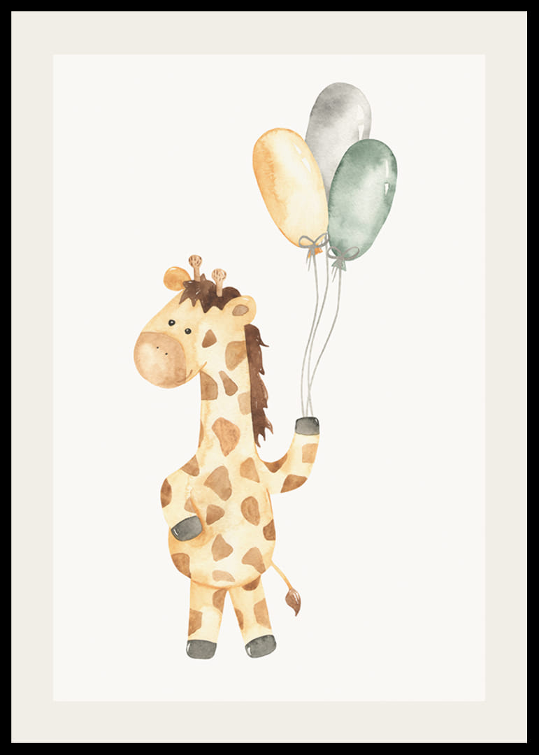 Watercolor illustration of giraffe with three balloons in pastel-12