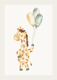 Akvarellillustration av giraff med tre ballonger i pastell-3