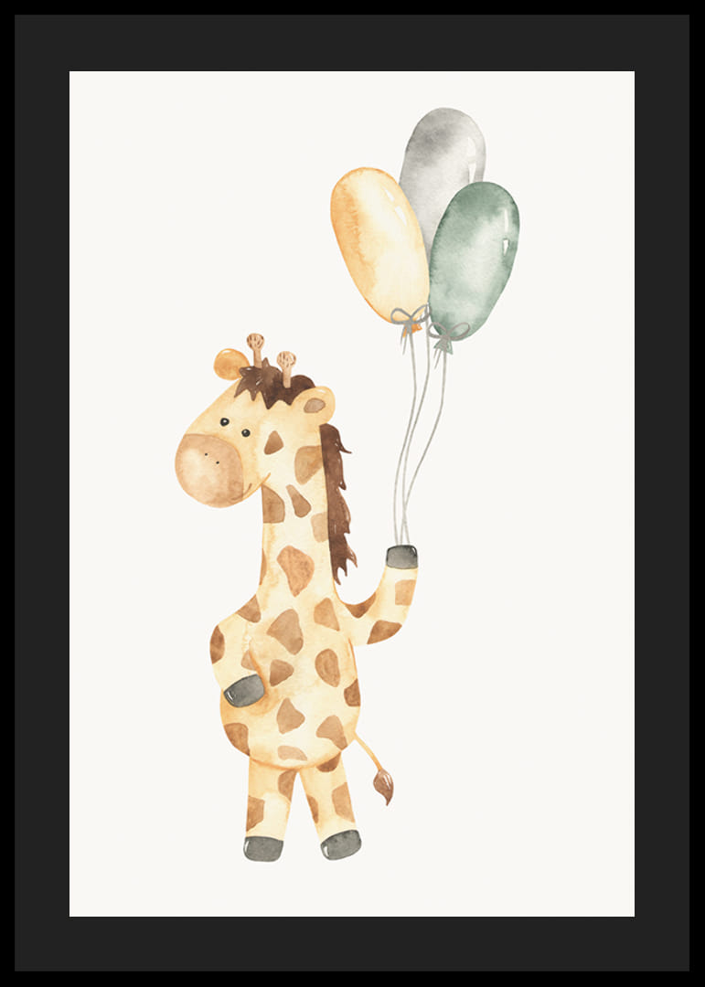 Watercolor illustration of giraffe with three balloons in pastel-12
