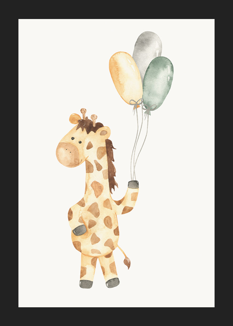 Akvarellillustration av giraff med tre ballonger i pastell-12