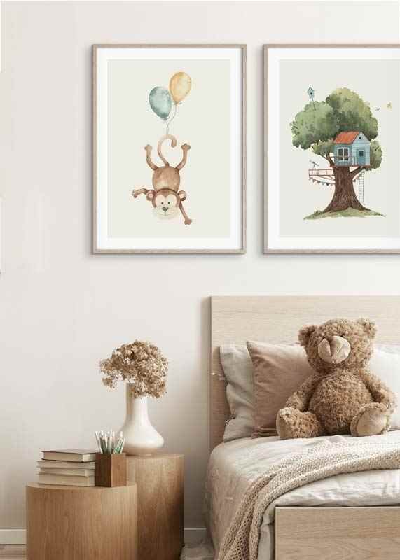 Watercolor illustration of monkey with two balloons, bright colors-12