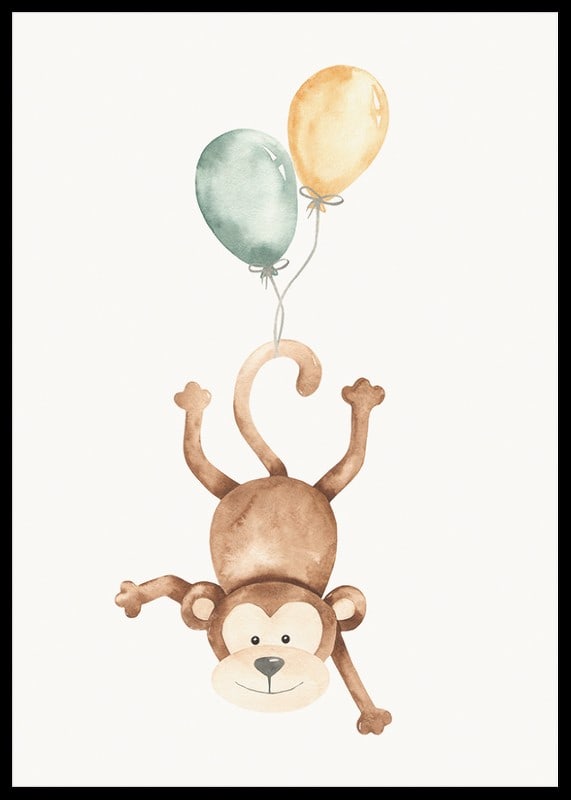 Watercolor illustration of monkey with two balloons, bright colors-12