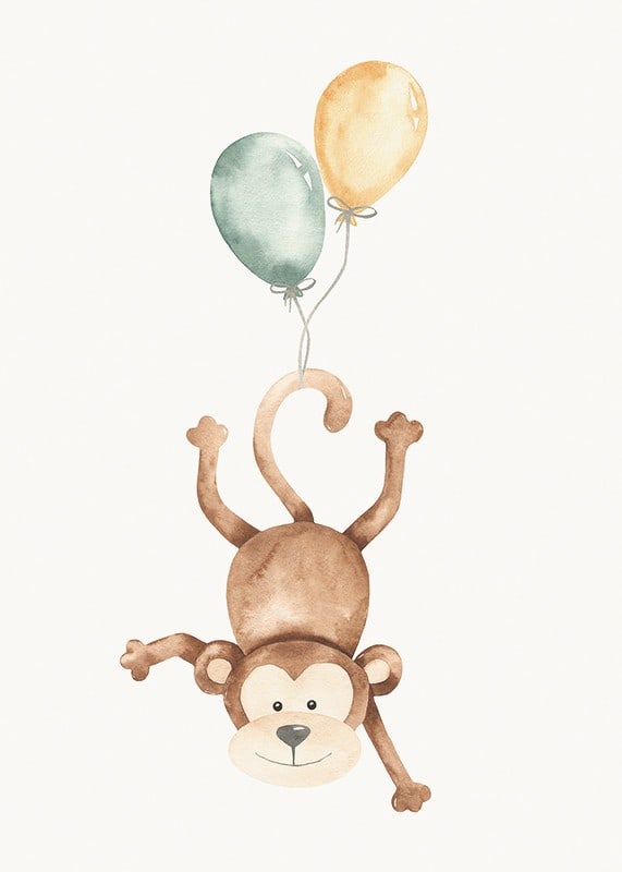 Watercolor illustration of monkey with two balloons, bright colors-12