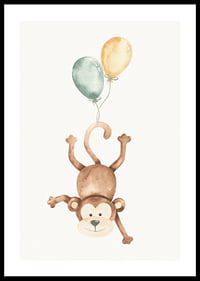 Watercolor illustration of monkey with two balloons, bright colors-0