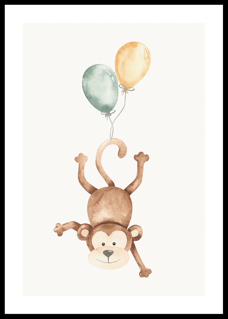Watercolor illustration of monkey with two balloons, bright colors-12