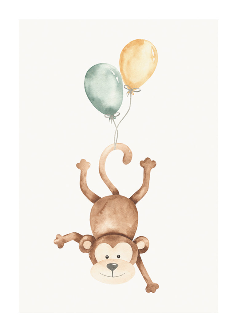 Watercolor illustration of monkey with two balloons, bright colors-12