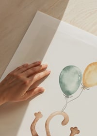 Watercolor illustration of monkey with two balloons, bright colors-9