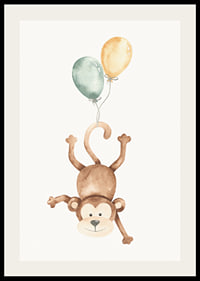 Watercolor illustration of monkey with two balloons, bright colors-2