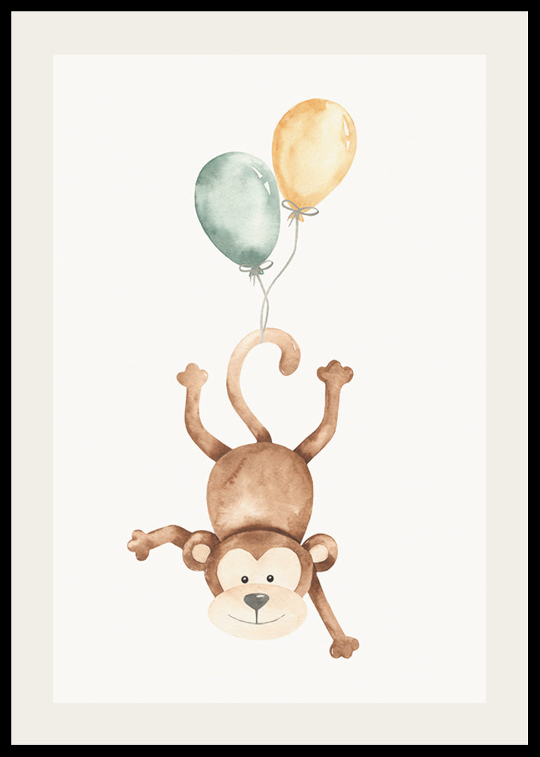 Watercolor illustration of monkey with two balloons, bright colors-12