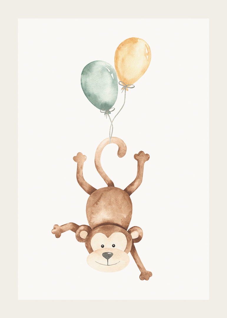 Watercolor illustration of monkey with two balloons, bright colors-12