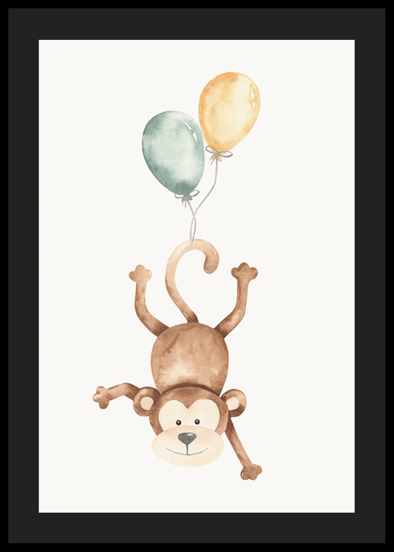 Watercolor illustration of monkey with two balloons, bright colors-12
