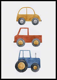 Watercolor illustration with yellow car, red car and blue tractor-6