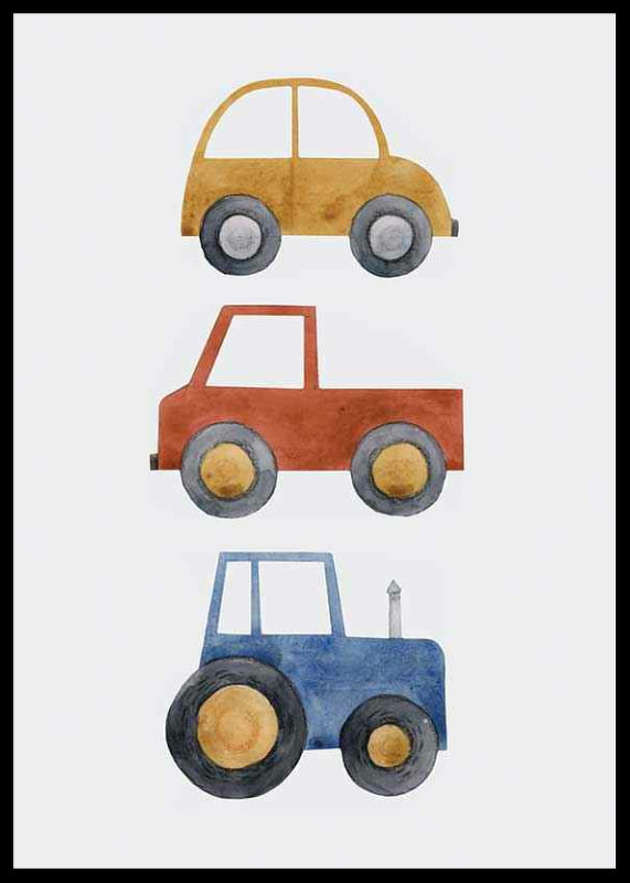Watercolor illustration with yellow car, red car and blue tractor-12