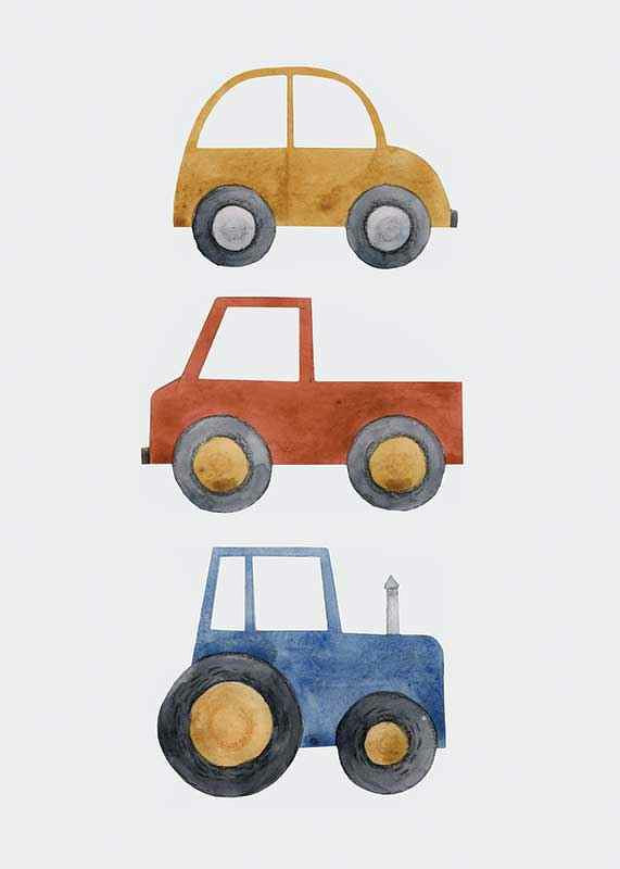 Watercolor illustration with yellow car, red car and blue tractor-12