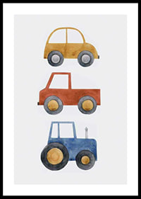 Watercolor illustration with yellow car, red car and blue tractor-0