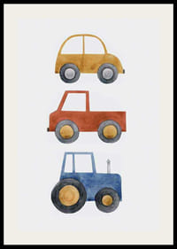 Ilustración de acuarela con coche amarillo, coche rojo y tractor azul.-2