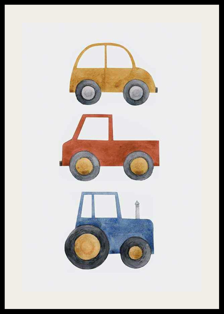 Ilustración de acuarela con coche amarillo, coche rojo y tractor azul.-12