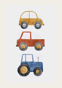 Watercolor illustration with yellow car, red car and blue tractor-3
