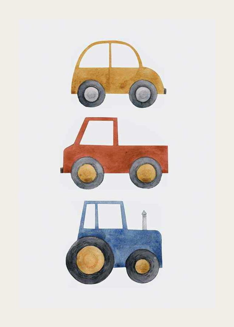 Ilustración de acuarela con coche amarillo, coche rojo y tractor azul.-12