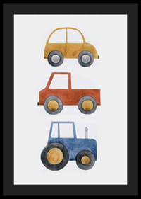 Ilustración de acuarela con coche amarillo, coche rojo y tractor azul.-4