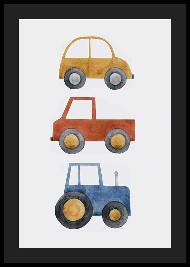 Ilustración de acuarela con coche amarillo, coche rojo y tractor azul.-12